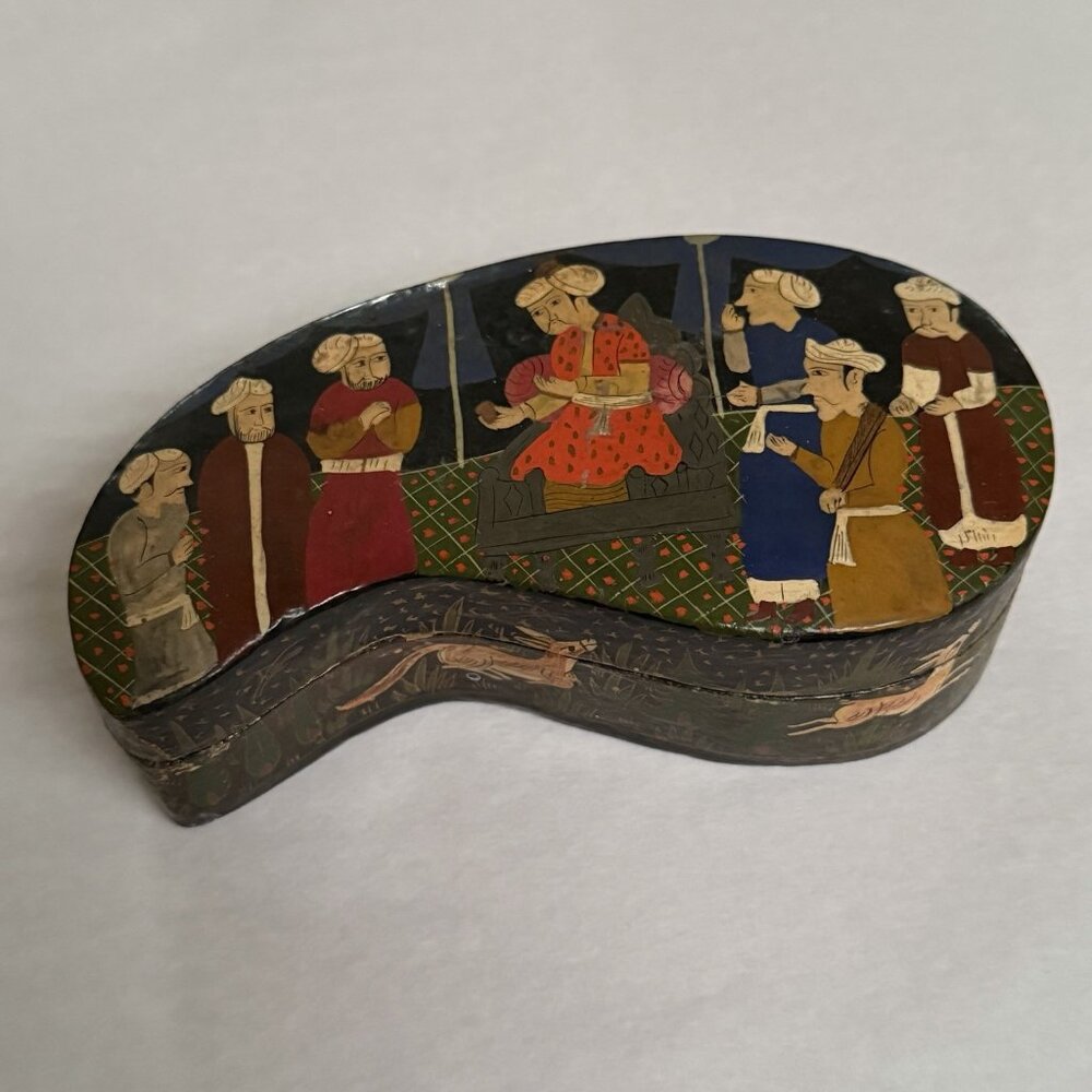 Vintage Hand Painted Paper Mache Lacquered Box Decor People Deer Decor Gift